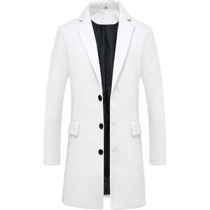 Men's White Classic Wool Blend Single-Breasted Trench Coat Mid-Length Overcoat
